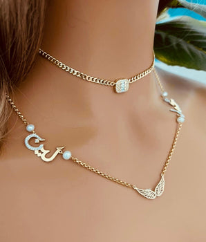 Set of 2 18KT Gold Zircon Pave Rectangular Choker and Wing Pendant with Customizable Names Necklaces | Ladies Gold Necklace | ZS Jewelry