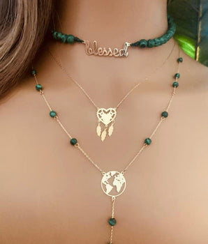 Set of 3 18KT Gold Blessed Crystal Choker, Heart Dream Catcher Pendant, and World Globe with Plane and Crystals Lariat Necklaces | Ladies Gold Necklace | ZS Jewelry