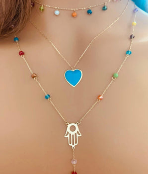 Set of 3 18KT Gold Crystal Choker, Enamel Blue Heart, and Hamsa Hand Crystal Station Necklaces | Ladies Gold Necklace | ZS Jewelry