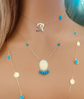 Set of 3 18KT Gold Customizable Initial Choker, Oval "Quran Verse" Pendant with Fairouz and Zircon, and Multi Disc and Opal Eye Necklaces | Ladies Gold Necklace | ZS Jewelry