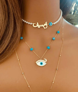 Set of 3 18KT Gold Customizable Pearl Choker with Opal Eye, Opal Evil Eye Pendant with Zircon and Fairouz, and Lariat Necklaces | Ladies Gold Necklace | ZS Jewelry