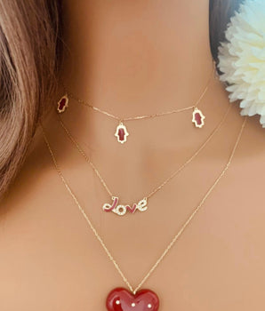 Set of 3 18KT Gold Enamel Hamsa Hand, "Love" with Zircon, and Resin Red Heart Necklaces | Ladies Gold Necklace | ZS Jewelry