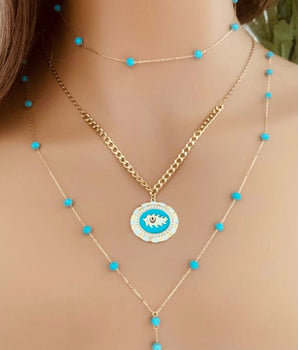 Set of 3 18KT Gold Fairouz Choker, Zircon and Enamel Eye Pendant, and Fairouz Station Necklaces | Ladies Gold Necklace | ZS Jewelry