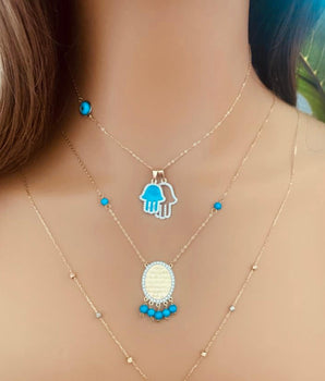 Set of 3 18KT Gold Hamsa Hand with Zircon, "Quran Verse" with Zircon and Fairouz, and Diamond Shape Y Necklaces | Ladies Gold Necklace | ZS Jewelry