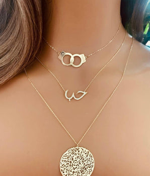 Set of 3 18KT Gold Handcuffs Choker, "Love" with Zircon and "Quran Verse" Pendant Necklaces | Ladies Gold Necklace | ZS Jewelry