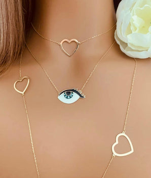 Set of 3 18KT Gold Heart and Enamel Eye Necklaces | Ladies Gold Necklace | ZS Jewelry