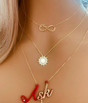 Set of 3 18KT Gold Infinity Pendant with Customizable Initial, Sun with Zircon Pendant, and Resin Red "Ask" with Zircon Necklaces | Ladies Gold Necklace | ZS Jewelry