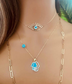 Set of 3 18KT Gold Opal Evil Eye, Enamel Hamsa Hand Pendant with Zircon and Opal Eye, and Paperclip Chain Necklaces | Ladies Gold Necklace | ZS Jewelry