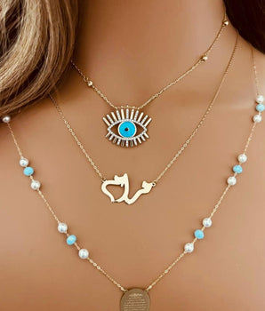 Set of 3 18KT Gold Opal Eye with Zircon, Customizable Pendant, and "Quran Verse" with Pearl and Crystal Station Necklaces | Ladies Gold Necklace | ZS Jewelry