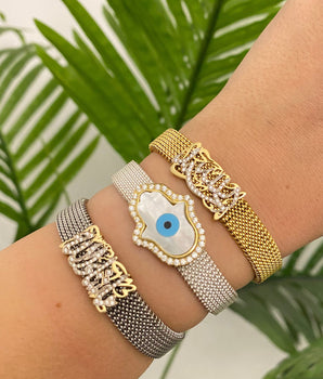 Set of 3 18KT Gold Opal Hamsa Hand with Evil Eye and Zircon and Customizable Bracelets | Ladies Gold Bracelet | ZS Jewelry