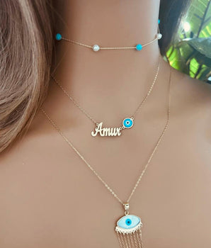 Set of 3 18KT Gold Pearl and Fairouz Choker, Customizable Name with Opal Eye, and Evil Eye Opal Pendant Necklaces | Ladies Gold Necklace | ZS Jewelry