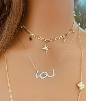 Set of 3 18KT Gold Shining Stars Choker with Zircon, Customizable Name with Zircon, and Diamond Flower Pendant Necklaces | Ladies Gold Necklace | ZS Jewelry