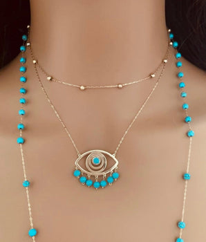 Set of 3 18KT Gold Station, Evil Eye with Fairouz, and Fairouz Station Necklaces | Ladies Gold Necklace | ZS Jewelry