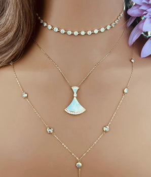 Set of 3 18KT Gold Zircon Choker, Diva Pendant with Zircon, and Zircon Lariat Necklaces | Ladies Gold Necklace | ZS Jewelry