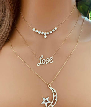 Set of 3 18KT Gold Zircon Choker, Love and Crescent Moon Star Pendant with Zircon Necklaces | Ladies Gold Necklace | ZS Jewelry