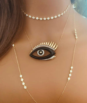Set of 3 18KT Gold Zircon Choker, Resin Evil Eye with Diamonds, and Zircon Station Necklaces | Ladies Gold Necklace | ZS Jewelry