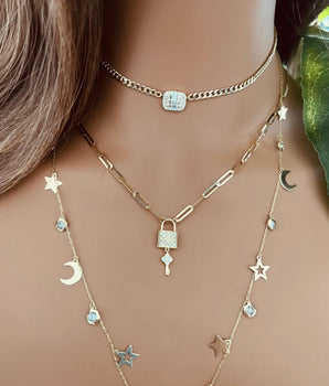 Set of 3 18KT Gold Zircon Pave Rectangular Choker, Padlock and Key Gold Pendant, and Crescent Moon, Star with Zircon Necklaces | Ladies Gold Necklace | ZS Jewelry