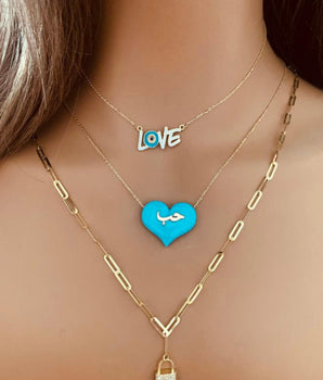 Set of 3 18KT Gold "Love" Pendant, Resin Heart with Diamonds, and Padlock and Key Necklaces | Ladies Gold Necklace | ZS Jewelry
