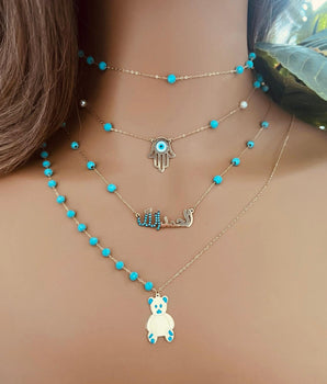Set of 4 18KT Gold Fairouz Choker, Hamsa Hand with Opal Eye, "Praise be to God" Pendant, and Gold Bear with Fairouz Necklaces | Ladies Gold Necklace | ZS Jewelry
