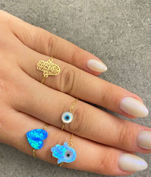 Set of 4 18KT Gold Hamsa Hand, Opal Evil Eye, Opal Heart, and Opal Hamsa Hand with Evil Eye Rings | Ladies Gold Ring | ZS Jewelry
