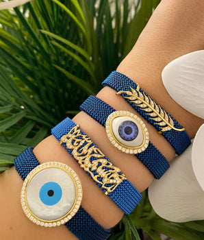 Set of 4 18KT Gold Wheat Blue Titanium, Enamel Eye, Customizable Blue Titanium, and Opal Eye Bracelets with Zircons | Ladies Gold Bracelet | ZS Jewelry