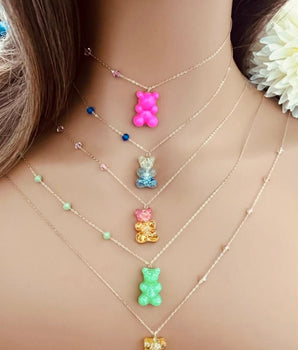 Set of 5 18KT Gold Gummy Bears Crystals Necklaces | Ladies Gold Necklace | ZS Jewelry