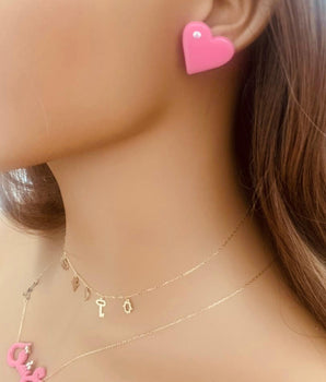Set of Resin Pink Heart Earrings with Zircon and 2 18KT Gold Multi-Pendants Choker and Resin Pink "Passion" Pendant Necklaces | Ladies Gold Necklace | ZS Jewelry